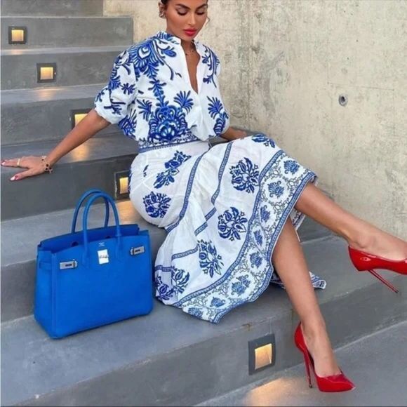 Zara Embroidered Blue and White Midi Skirt - Picture 7 of 16